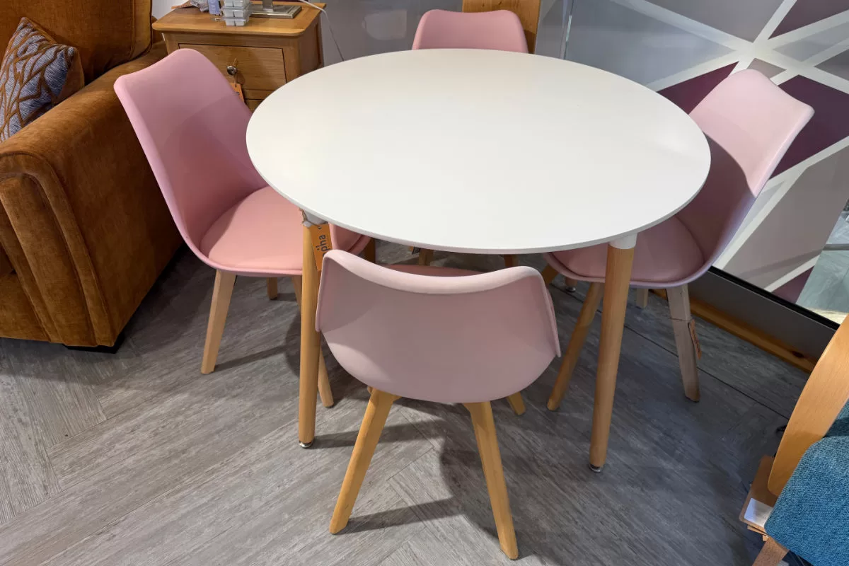 Clearance: Round Mint Table with 4 Pink Dining Chairs