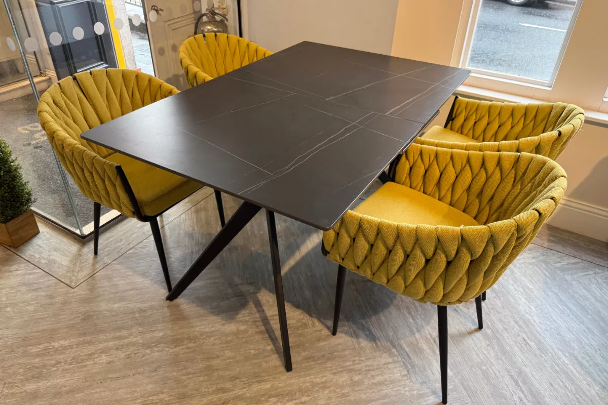 Clearance: Torre Extending Black Dining Table with 4 Braided Yellow Chairs